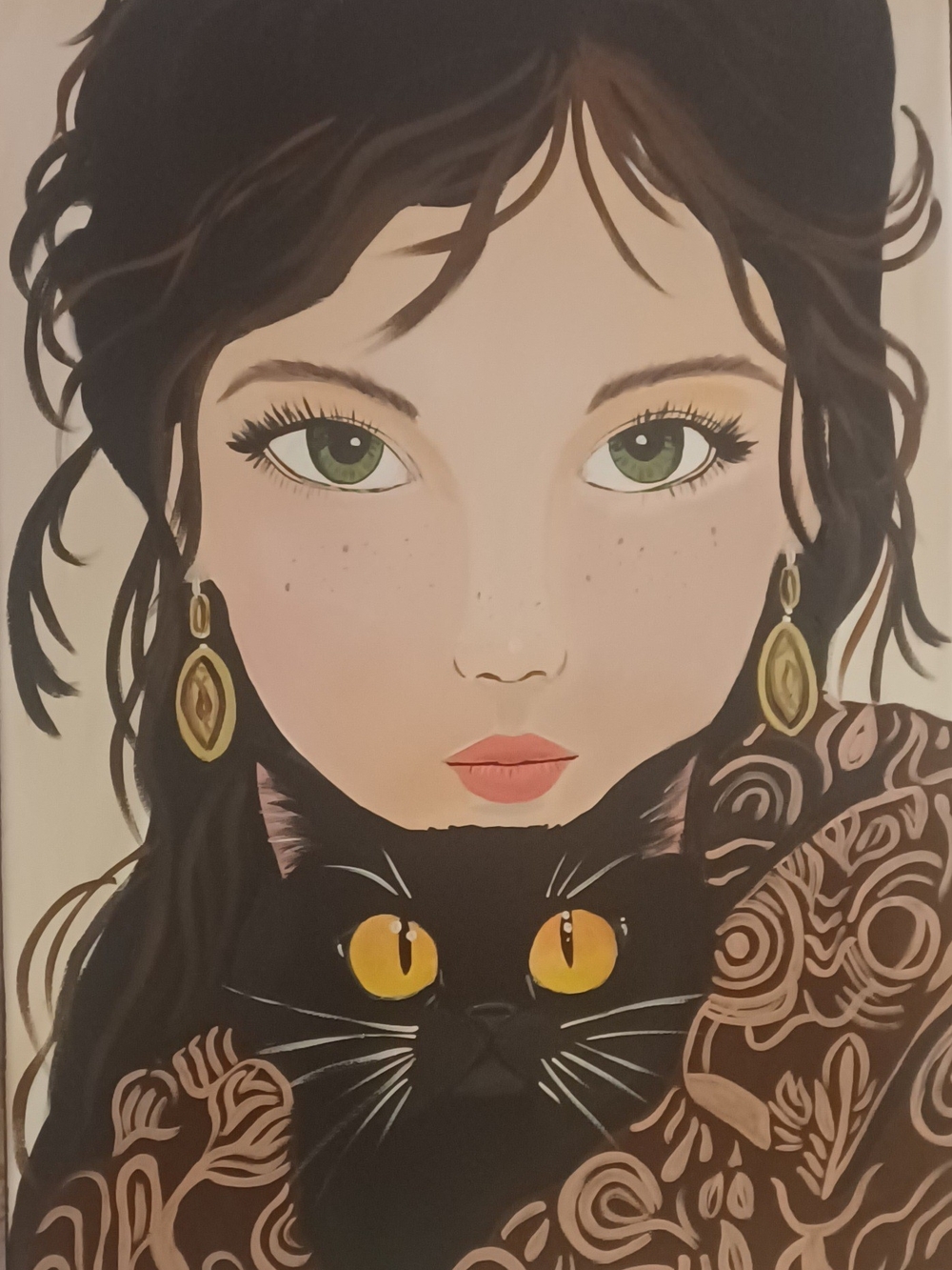 Original Acrylic Painting Of Dark Haired Woman With Black Cat